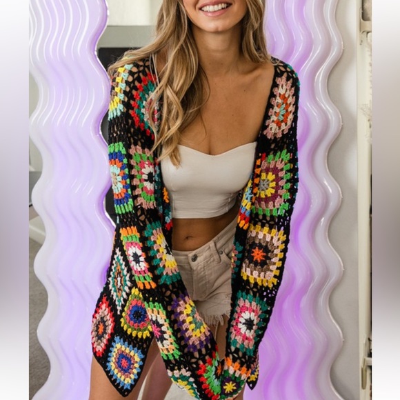 Handmade Crochet Black Granny Square Cardigan - Picture 9 of 17